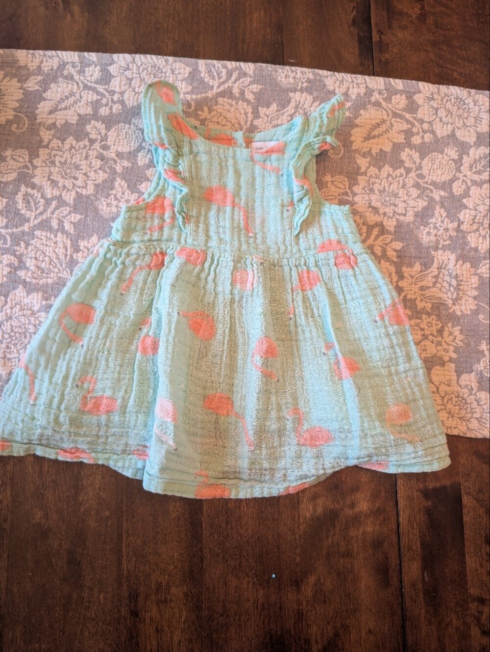 Angel Dear Aqua Muslin Flamingo-Accent Baby Dress/ 6-12 Months